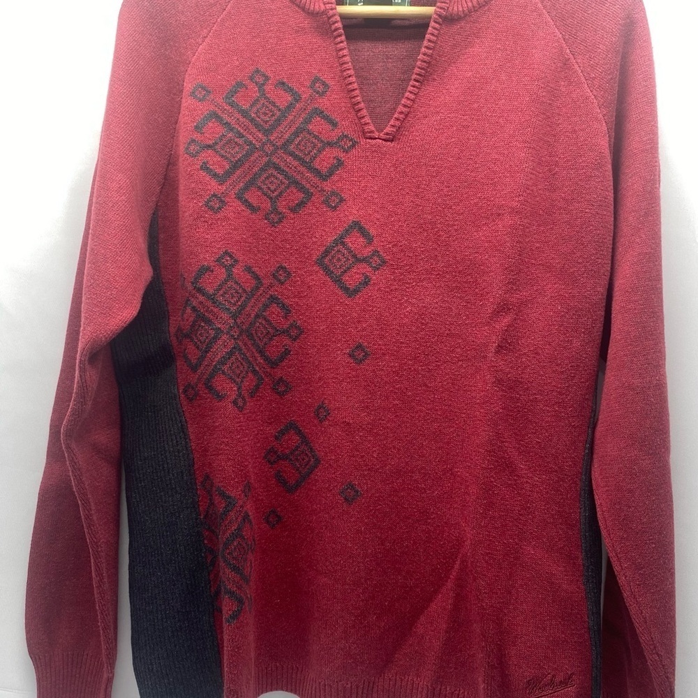 Woolrich Women’s Sweater LG Ruby/Gray Snowflake Design V-Neck Cotton CLASSIC